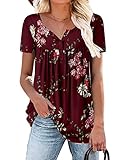 Womens Short Sleeve Tunic Tops Wine Red Flower Henley Shirts Casual Summer Tops XL