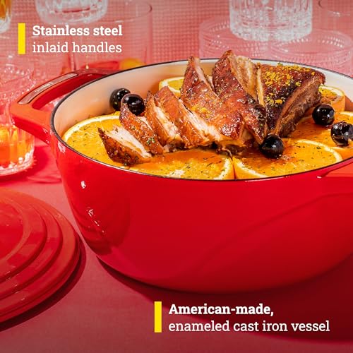 Image of Lodge USA Enamel 6 Qt Enameled Cast Iron Dutch Oven - Cast Iron Cookware - Dutch Oven Pot with Lid - Cherry On Top Color - 6 Qt Capacity