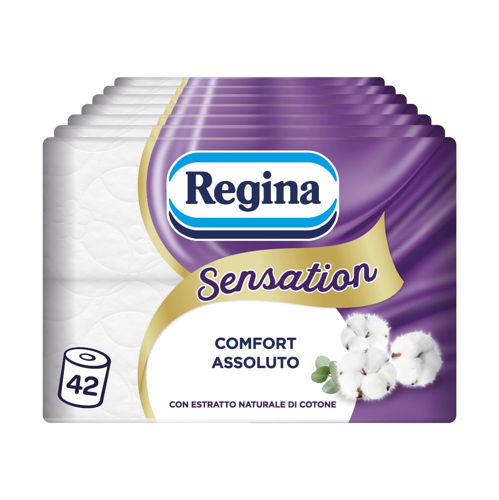 Regina Sensation - 42 Rotoli di Carta Igienica, 160 Soffici Strappi a 3 Veli, Morbida e Resistente, Con Estratto Naturale di Cotone, 60% Plastica Riciclata