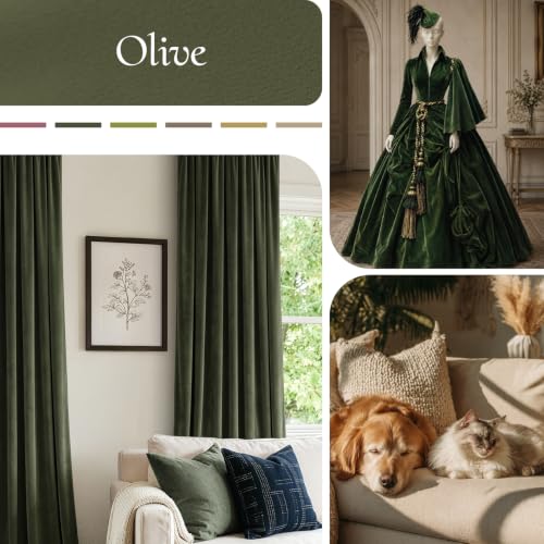 Image of MIULEE Olive Green Blackout Velvet Curtains Drapes 96 Inch Long 52 inchx96 inch | Luxurious Bedroom Living Room Decor, Room Darkening, Thermal Insulated, Rod Pocket Design, Super Soft Fabric