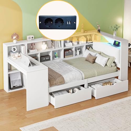 PUGSDRLY Lit 1 Place 90x200cm avec Bureau et Compartiment de Rangement,Canapé Lit avec 2 Tiroirs et éclairage LED,Prise électrique,Tête...