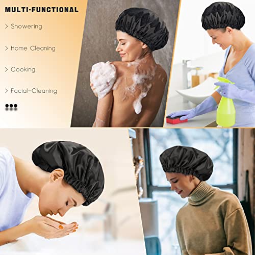 Shower Cap For Women,Satin Lined Shower Cap,Adjustable Size,Double Layer-Reusable,Waterproof And Breathable,Extra Large Shower Cap For All Hair Styles(Black) #TOP6