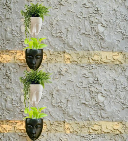 Image of Wall Mounted Face Planters, Set of 4, Black and White, Decorative Indoor Vertical Garden