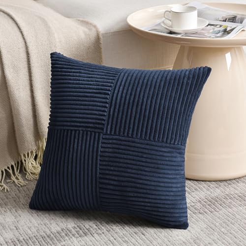 Image of Fancy Homi 2 Packs Navy Blue Samll Decorative Throw Pillow Covers 12x12 Inch with for Couch Bed Sofa, Rustic Farmhouse Boho Home Decor, Soft Corss Patchwork Corduroy Square Cushion Case 30x30 cm