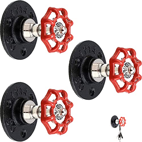 LCYFBE Industrial Pipe Coat Hook Racks, Rustic Heavy Duty Wall Hooks for Hanging Clothes, DIY Black Towel Hook, Vintage Towel Holders for Bathrooms with Red Handle, Set of 3