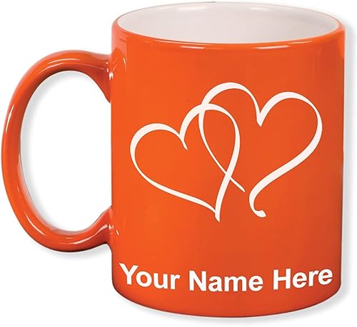 LaserGram Taza de café redonda de cerámica de 11 onzas, corazones dobles, grabado personalizado incluido (naranja)