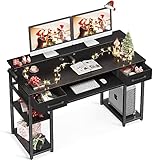 ODK Computer Desk, 48'' Office Desk with Keyboard Tray, Writting Desk with Drawers and Monitor Stand, Study Table with CPU Stand and Removable Shelf for Storage, Black