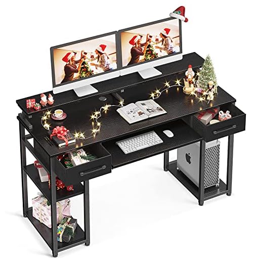 ODK Computer Desk, 48'' Office Desk with Keyboard Tray, Writting Desk with Drawers and Monitor Stand, Study Table with CPU Stand and Removable Shelf for Storage, Black