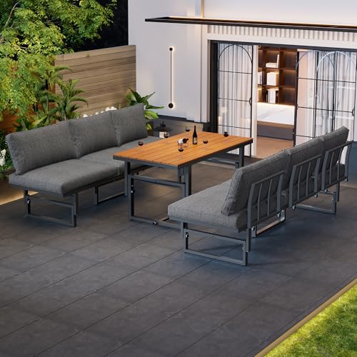 Yihomfy Ensemble Salon de Jardin Extérieur 3 Pièces, Canapé Modulable Salon Jardin Exterieur 6 Personnes en Acacia avec Table et Coussins Épais, 186x64x76...