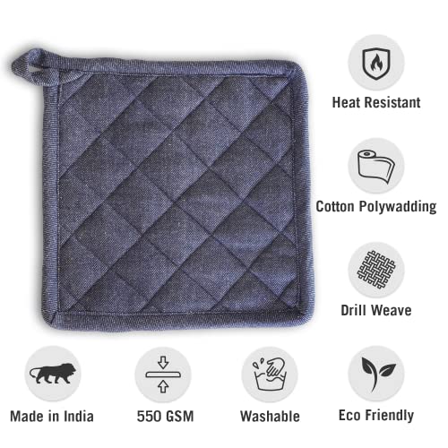 Image of 2 Pot Holder Heat Resistant Cotton Hot Pad or Pot Stand for Kitchen Cooking & Baking | Quilted Thick Fabric, Easy Grip, Hanging Loop (Blue)