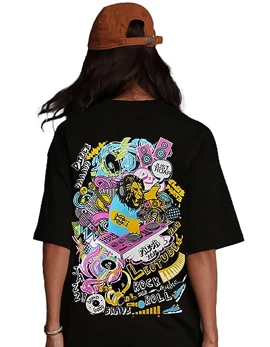 Image of LEOTUDE Women's Cotton Oversized Fit Short Sleeve with Round Neck, Oversized Longline Drop Shoulder, Back Printed T-Shirt