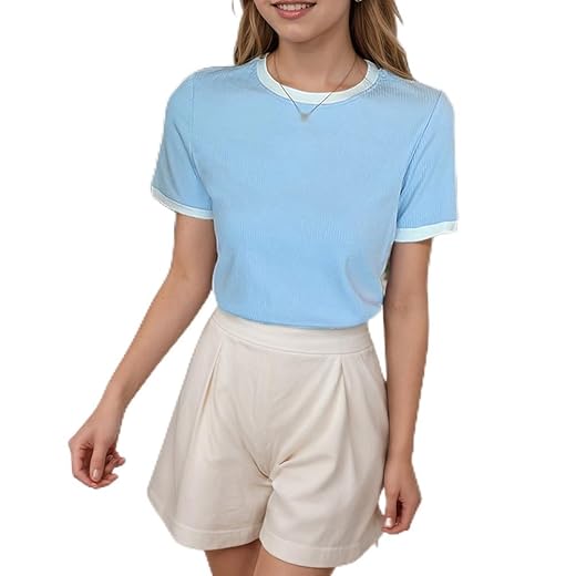 Camiseta feminina casual slim fit manga curta verão gola redonda elastano top