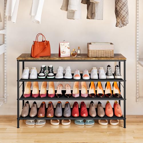 Image of INGIORDAR Shoe Rack Organizer 5 Tier Metal Organizer Shelf with Industrial MDF Board and Layer Fabric for Entryway Closet Bedroom Living Room Garage (Black+Rustic Brown, 4 Tier(47.2 inch W))