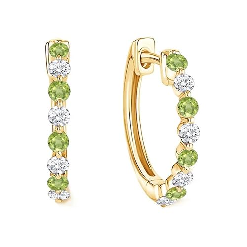 Image of Round Cut Green Peridot & White Diamond Hoop Earrings For Women, 14K Yellow Gold Plated Silver August Birthstone Green Peridot Hoops & Huggies Earrings