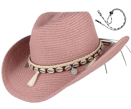 GEMVIE Women's Summer Straw Cowboy Cowgirl Hat Sun Hats Wide Brim Beach Holiday Straw Hat with Shell Band-Pink