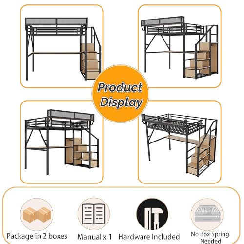 Mirightone Full Size Loft Bed with Stairs & Desk, Metal Loft Bed Frame with LED and Charging Station, High Loft Beds Gaming Lofted Full Bed with Storage Shelf for Kids and Teens (Black+Natural)
