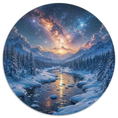 Puzzle de 1000 piezas redondo con paisaje invernal de montaña y cielo estrellado