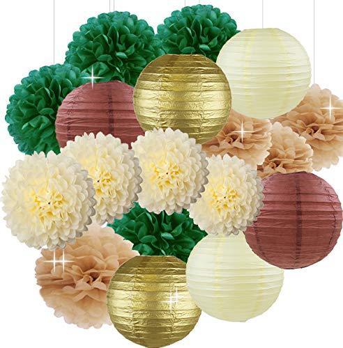 Joinwin Woodland Animals Birthday Party Decorations Woodland Animals Baby Shower Decorations for Boy or Girl Rustic Gold Green Tan Brown Tissue Poms Paper Lanterns Gender Neutral Baby Shower Decor