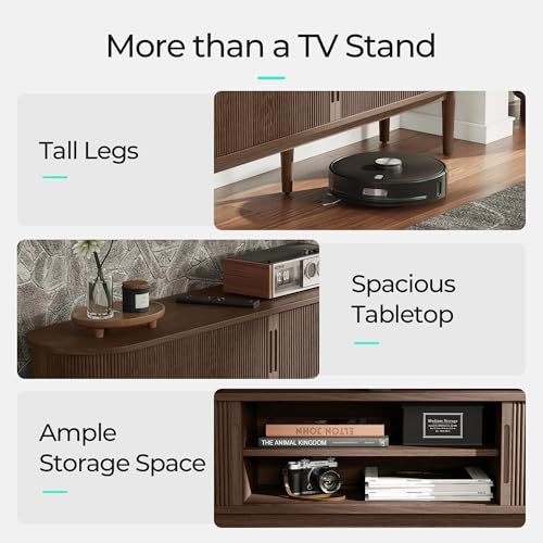LINSY HOME 58\" Fluted TV Stand for TVs up to 65 Inch, Mid Century Modern Entertainment Center with Storage Cabinet and Sliding Doors, Farmhouse Wood Media TV Console for Living Room, Bedroom, Walnut - Thumbnail 7