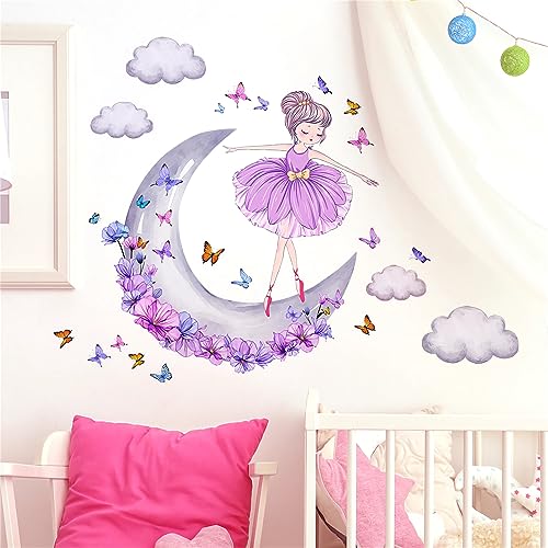 Lovely Purple Moon Girl and Clouds Butterfly Vinilo Decorativo