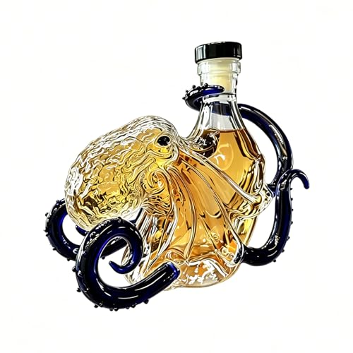 anwhriet Rum Octopus Glass Decanter 3D Sculpted Deep Sea Tentacle Decor Bottle 350ml Borosilicate Glass Liquor Bottle Unique Bar Home Decor Collectible Gift for Men Marine Lovers Blue