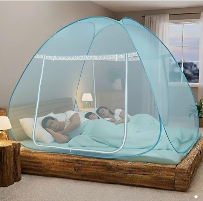 Image of Mosquito Net for Double Bed | King Size Foldable Machardani | 6 x 6 Feet Polyester 30GSM Strong Net |PVC Coated Corrosion Resistant Steel Wire Sky Blue (Rate)