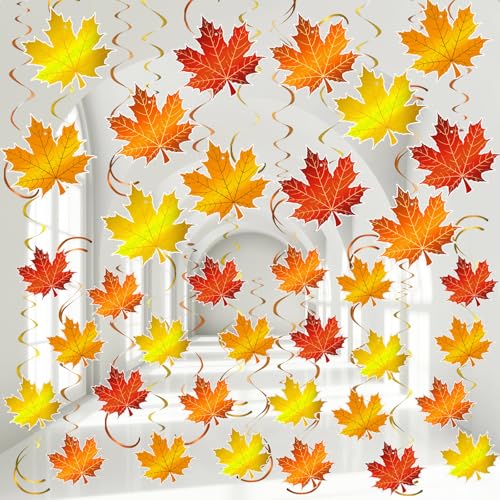 Image of 72 Pcs Fall Thanksgiving Hanging Decoration Maple Leaves Swirl Autumn Party Decoration Autumn Ceiling Decor Foil Orange Leaves Streamers for Home Office Classroom Harvest Party Supplies