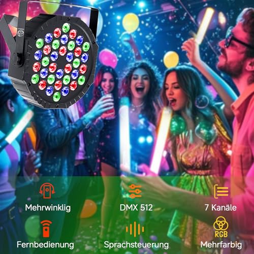 VYmaksran LED Par Strahler 36 LED RGB Bühnenlicht, DMX512 & Fernbedienung, 7 Lichtmodi mit Soundaktivierung, Discolicht Partylicht für DJ Bar Hochzeit Halloween Weihnachten, 4er Pack