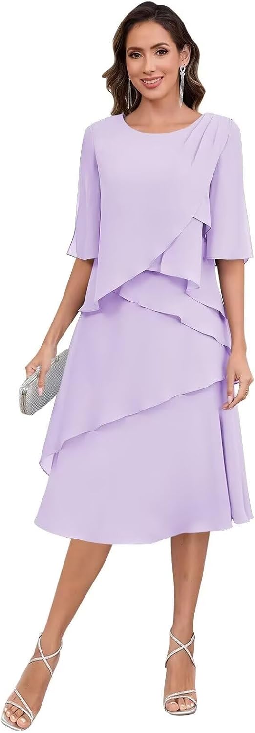 Tiered Chiffon Mother of The Bride Dresses for Women Short Sleeve Tea Length Wedding Guest Dress