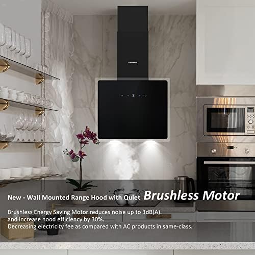 FIREGAS 60cm Cooker Hood with Brushless Motor, Tempered Glass & Stainless Steel Extractor Hood with Touch Screen, LED Lights and Recirculating,Black