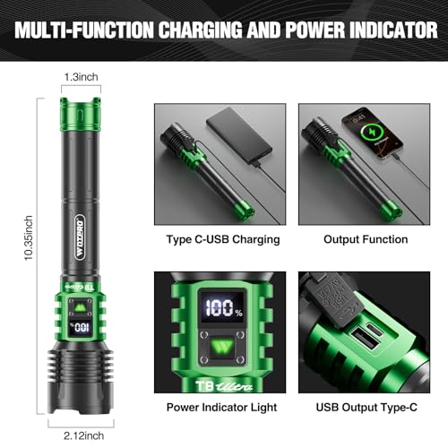WdtPro Rechargeable LED Flashlights High Lumens, Super Bright 90000LM Rechargeable Flashlight with LCD Display, 5 Modes & Waterproof Powerful Handheld Flashlight for Camping Emergency Green - Image 4
