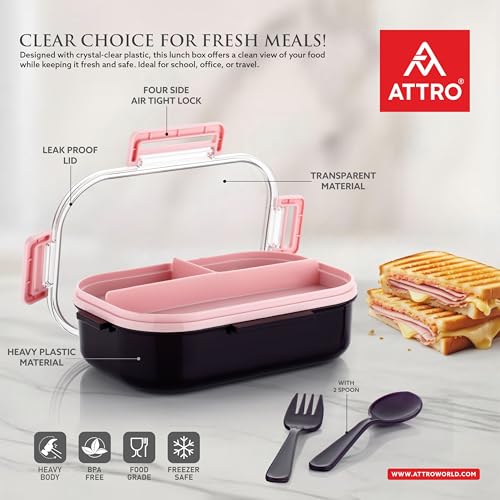 Image of ATTRO Carry Fresh Kids Plastic Lunch Box 3 Compartments & Fork, BPA-Free, Food-Grade, Ideal for School, Picnic, Travel & Outdoor Use- Purple Pink, 500 ml