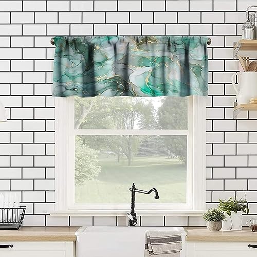 Image of Green Marble Window Valance Curtain, Grey White Abstract Modern Luxury Ink Texture Gold Veins Unique Ombre Window Valances Treatments for Kitchen Living Room Cafe Decor 54'x18', 1 Panel