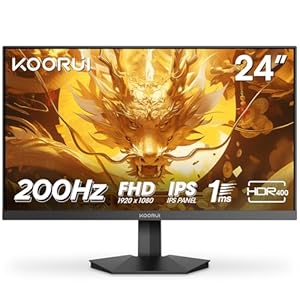 KOORUI Gaming Monitor, 24″ Fast IPS Computer Monitor, 200Hz FHD HDR400 Display, 1ms PC Screen, 90% DCI-P3 Color Gamut, Adaptive Sync, Ultra Slim Frame, VESA Mountable, HDMI 2.0, DisplayPort 1.4