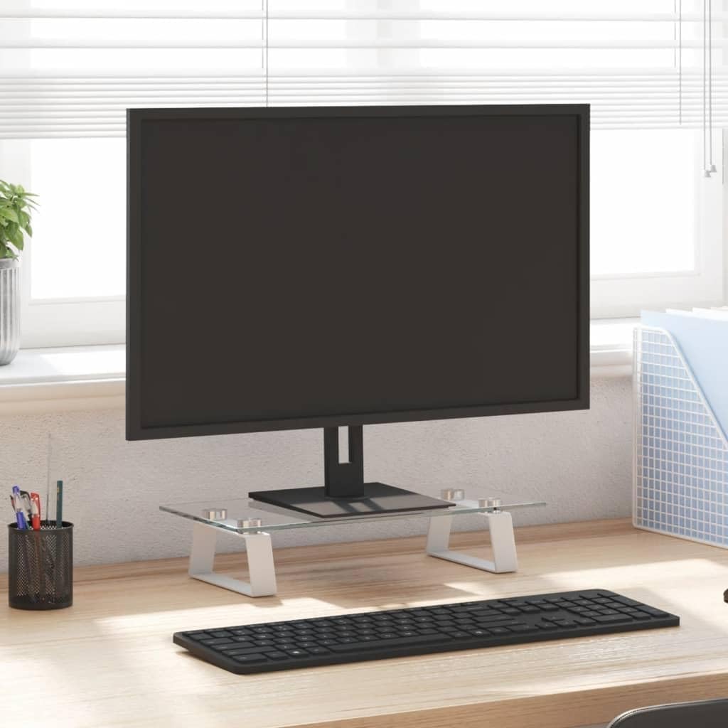 vidaXL White Tempered Glass-Metal Monitor Stand - Desktop Computer Riser with Storage, Ergonomic, for Living Room Home Office, 374215