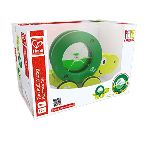 Image of Hape Tito Pull Along | Wooden Turtle with Swirling Shell Pull Toddler Toy, Green