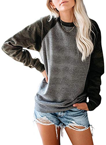 Sidefeel Women Crewneck Pullover Camo Print Sleeve Sweatshirt Jumper Top Large Gray