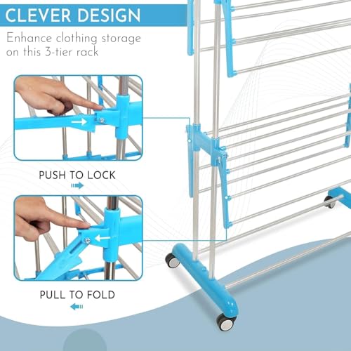 Image of Premium 3 Layer Clothes Drying Stand with Wheels | Foldable Wings | Double Pole Alloy Steel Rack | 360 Rotatable Hanger Rods | Portable Balcony Laundry Dryer Space Saving | 43.2D x 78.7W x 165H cm
