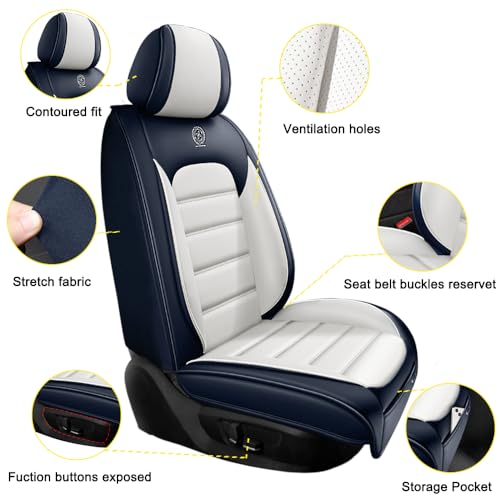 Image of 2 Seat Covers for Hyundai Santa Fe XL 2001-2024,Premium Nappa Leather Car Seat Covers Car Seat Cushions,Waterproof Soft Seat Covers for Cars,Interior Accessories with Airbag(Luxury-Blue&White)