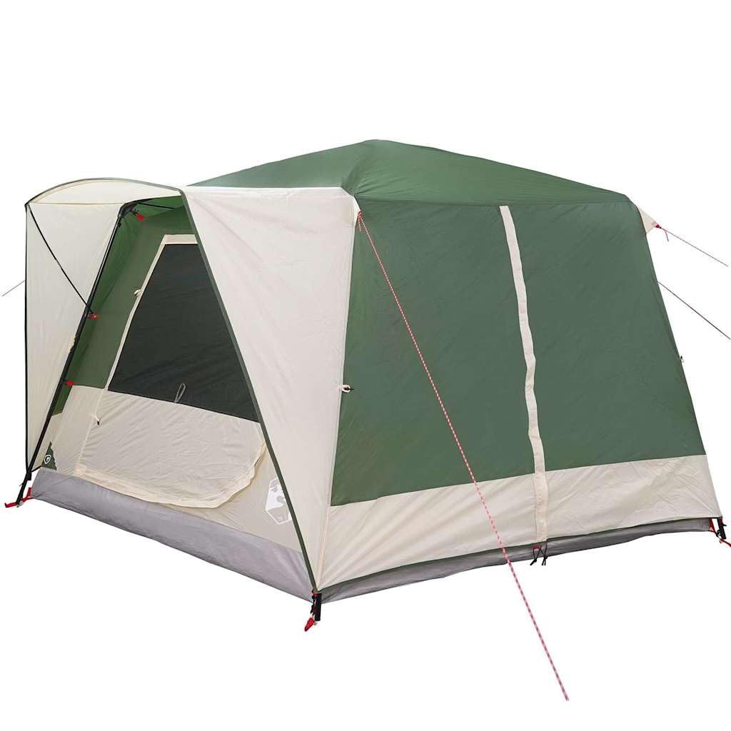 Namiot kabinowy dla 7 osób, zielony namiot rodzinny 400 x 350 x 212 cm z poliestru 185T z powłoką PU, łącznie z drążkami, 6 linkami napinającymi i 17 kołkami do wbijania w ziemię, z okienkiem