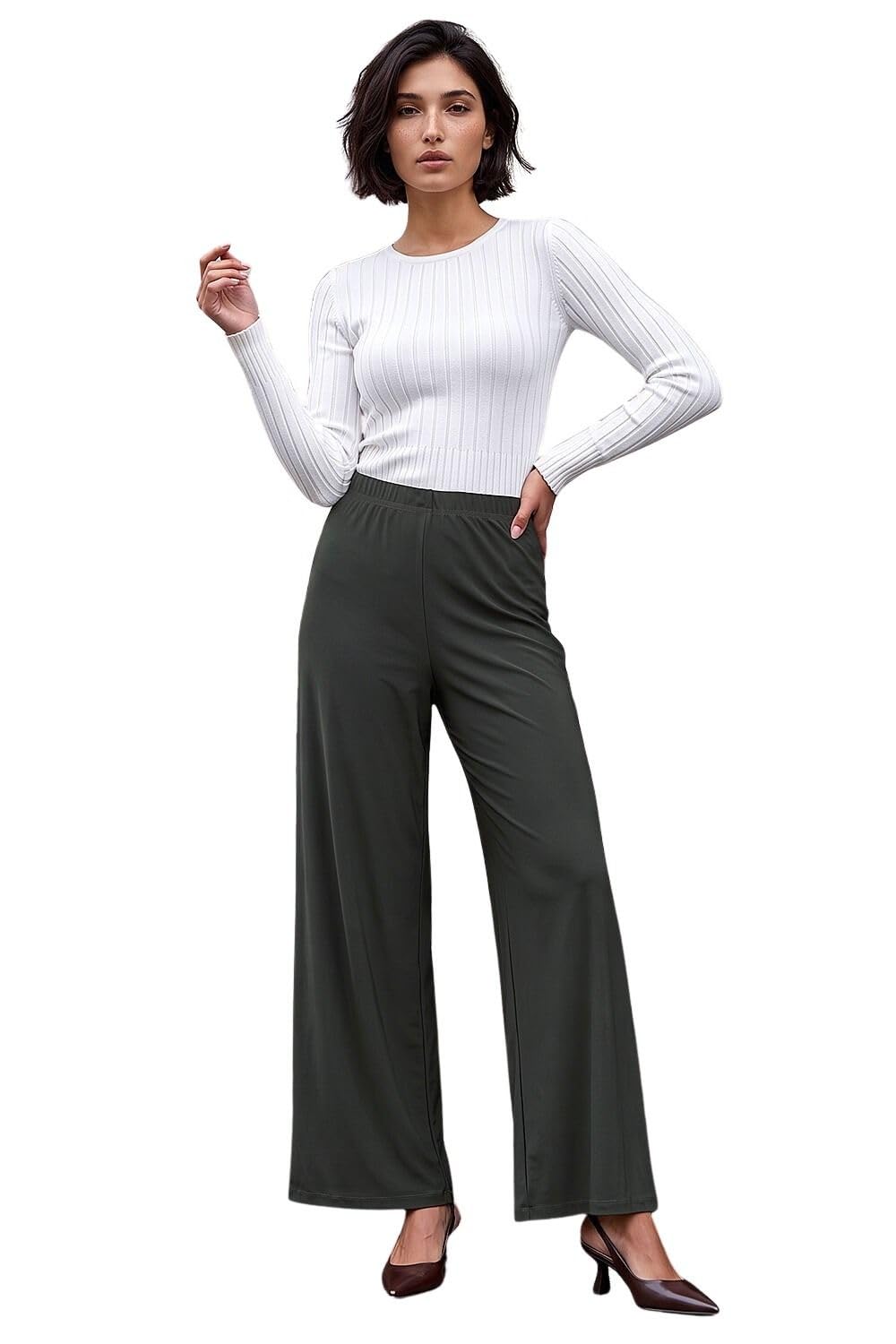 Roman Petite Wide Leg Stretch Trouser, Khaki, Size 14P, Women