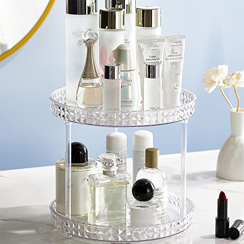 2 Tier Lazy Susan Organizer, Vanity Countertop Makeup Organizing Turntable Kitchen Spice Rack, Raised Edge Swivel Organizer for Spices, 2 Tier Table top Display Shelf Round, Dining Room Organizer