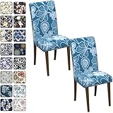 Chair Covers Dining Room Set of 2,Printed Patterned Stretch Non Slip Chair Slipcover Removable Washable Kitchen Chair Protector Cover for Home Hotel Banquet Party Office Blue Light Blue Floral Paisley