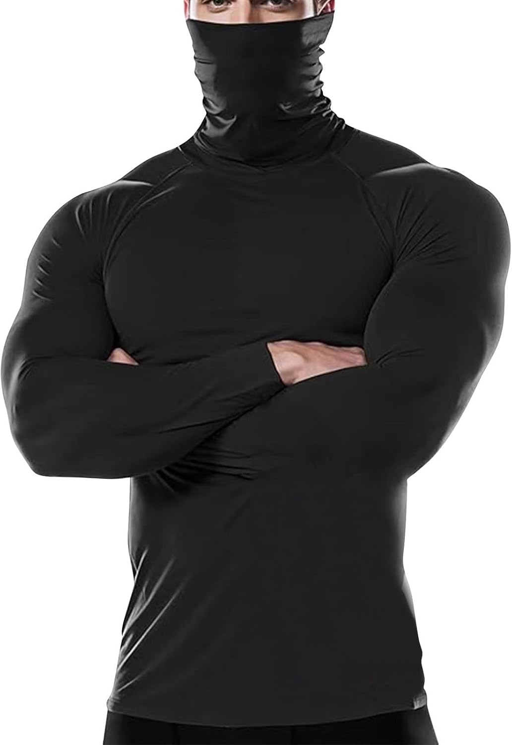 Thermal Shirt with Face Mask for Men Mock Turtleneck Gaiter-Neck Protection Running Athletic Base Layer for Fitness