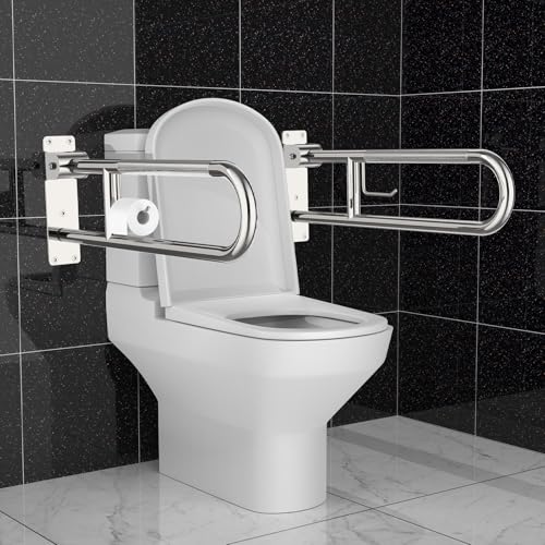 Image of Toilet Grab Bar 22.4 Inch Chrome, Munzong Anti-Slip Handicap Grab Bars with Paper Holder, Flip-Up Bathroom Safety Rails, Stainless Steel Knurled Support handrails for Seniors Elderly Disabled Pregnant