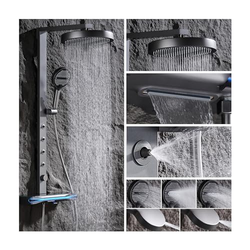 Columna Ducha Termostática, Columna de Ducha Hidromasaje, Versátil Sistema de Ducha con Pantalla LED y Botones Piano, Boquilla de Bañera Cascada, 32cm Cabezal de Ducha, Ducha de Mano de 5 Modos