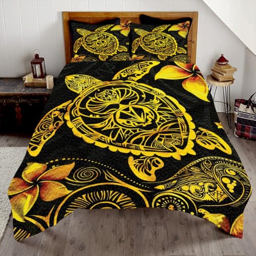 Hibiscus Sea Turtle Quilt - Personalized Print, Twin, Queen, King Size - Polynesian Tribal Hawaiian Pattern Bedding