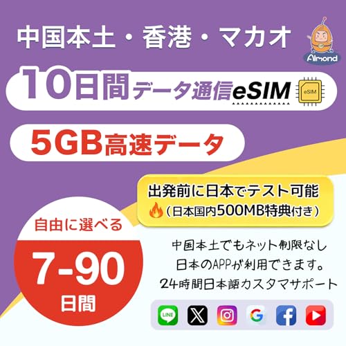 �yAlmond eSIM�z�����{�y eSIM 10����5GB �����f�[�^ ���` �}�J�I�ɂ����p�\ �����l�b�g�K���ΏۊO �����ł�Google�ALINE�AYouTube�ȂǗ��p�\ �o���O�̐ڑ��e�X�g�p ���{����500MB eSIM�t 24���Ԉ��S�T�|�[�g