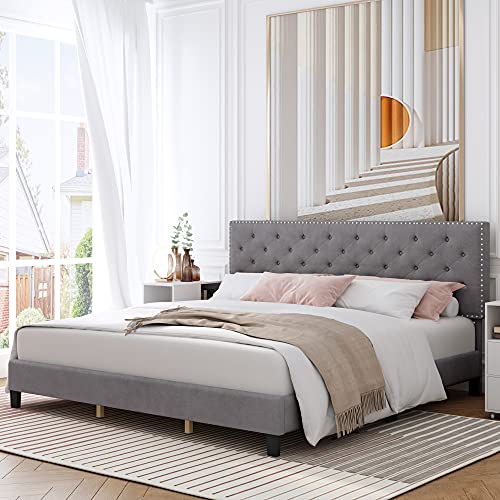Urkno King Bed Frame, Upholstered Platform Bed Frame With Adjustable Headboard, Button Tufted Mattress Foundation With Sturdy Wood Slat Support, No Box Spring Required, Easy Assembly (Grey, King) #TOP1