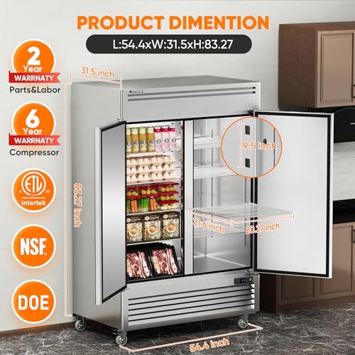 Coolski 54" W Commercial Refrigerator 2 Door, 49 Cu.Ft Fan Cooling Reach-In Cooler Stainless Steel Upright Refrigerator, 33 to 41℉, Auto Defrosting, LED Light 8 Shelves, 4 Wheels on Fridge.com